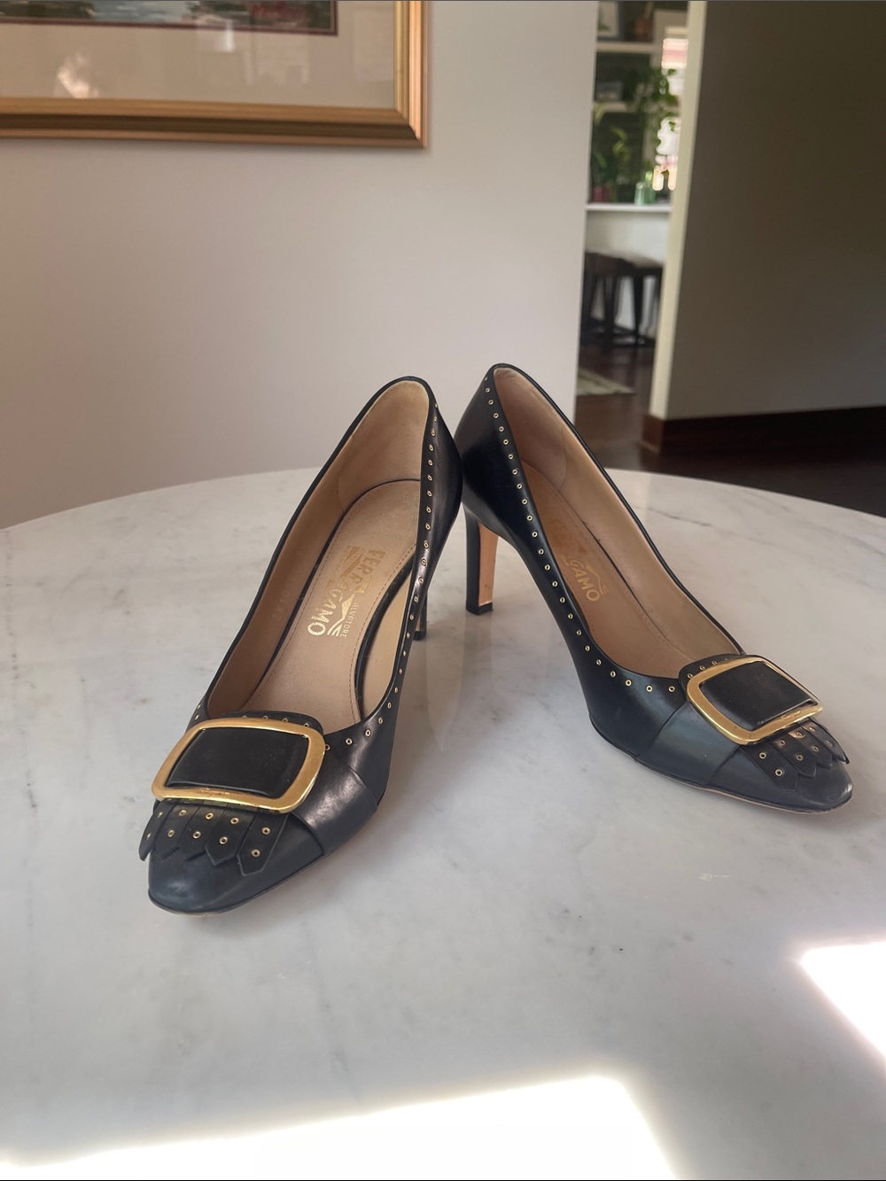 Salvatore Ferragamo Black Leather Studded Pumps with Gold Buckle Accent